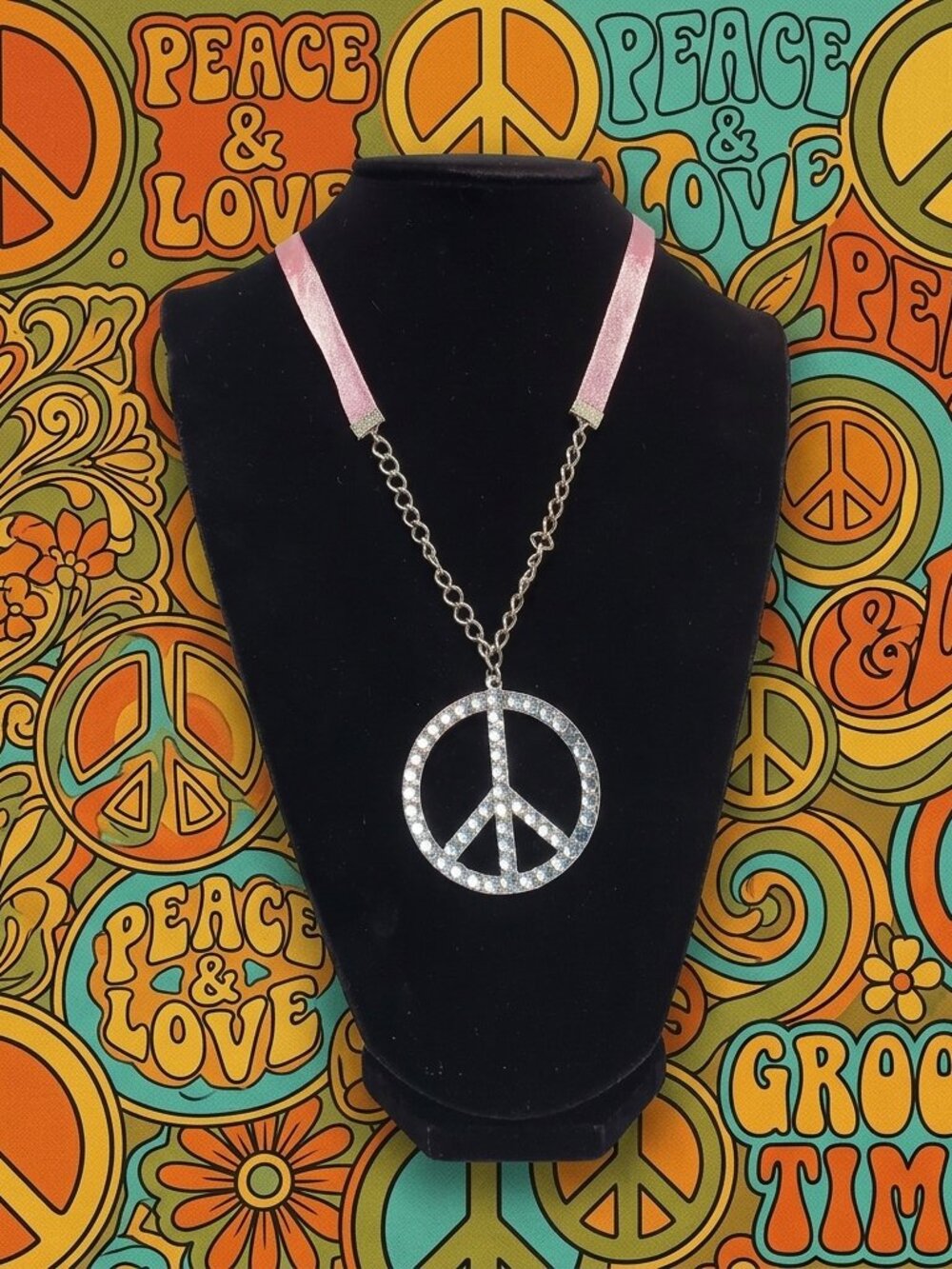 Bijou Iridescent Peace Sign silver with ribbon Necklace: - Picture 2 of 13